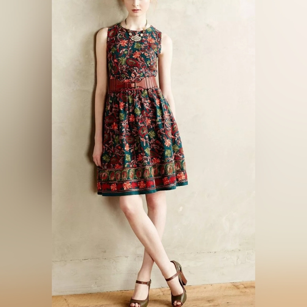 Anthropologie Embroidered Teal Feminine Garden Dress by Adelyn Rae NWT